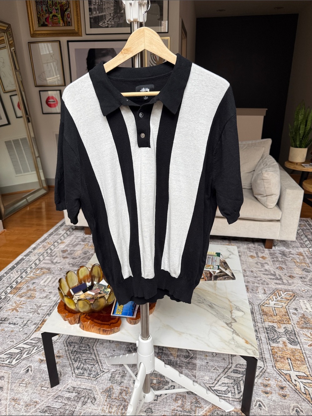 Stussy Black and White Bowling Sweater Polo